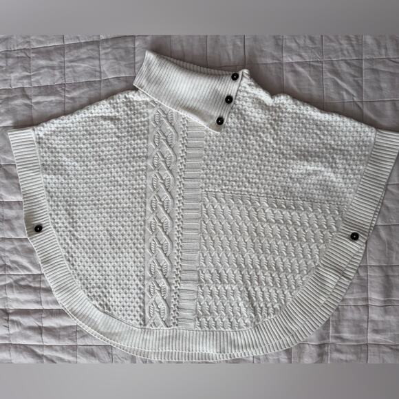 Talbots Cream Patchwork Cableknit Lambswool Blend Mock/ Turtle Neck Poncho-Large - Picture 1 of 10